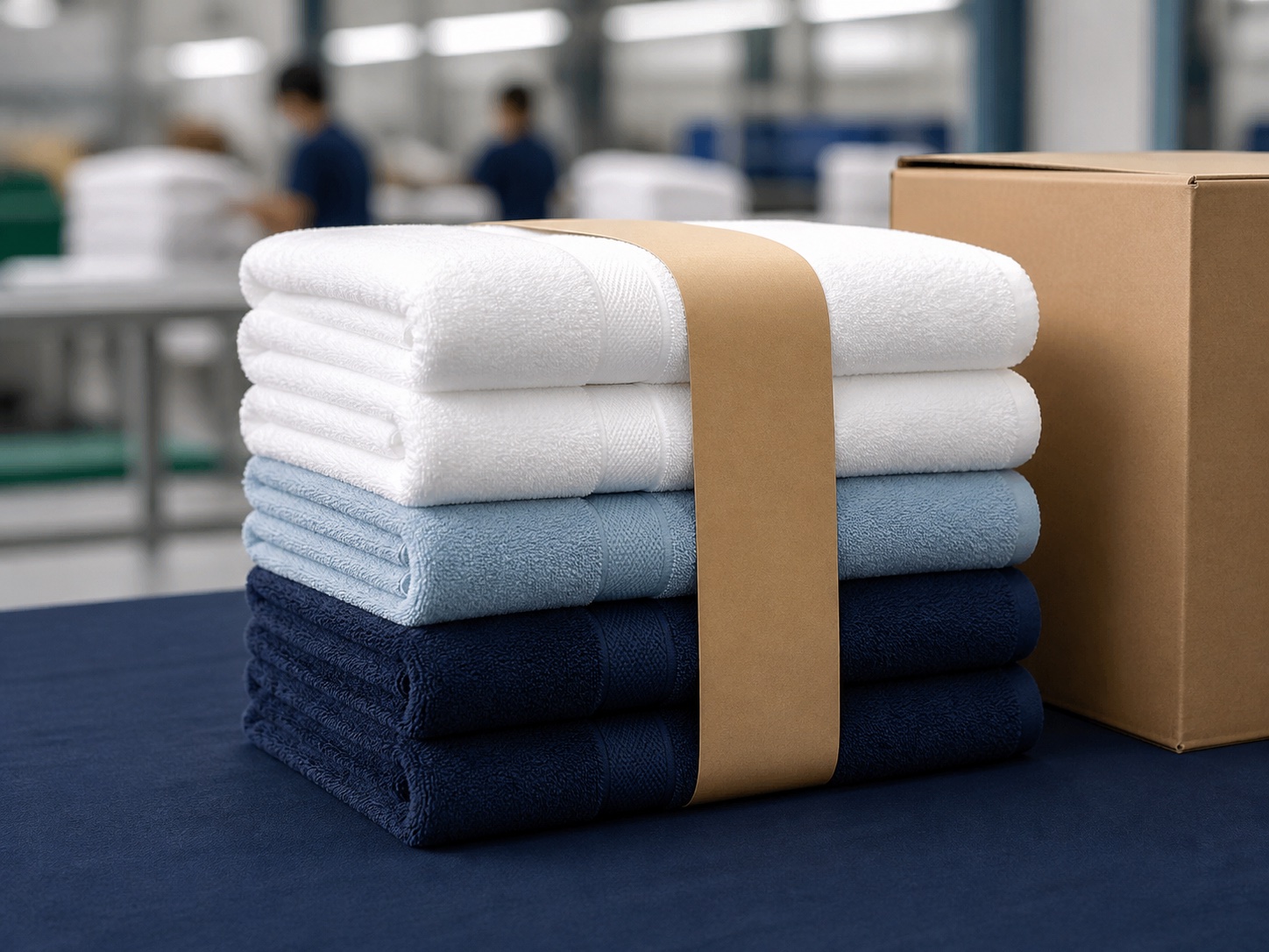 Finished white, blue and navy towels prepared for export packing