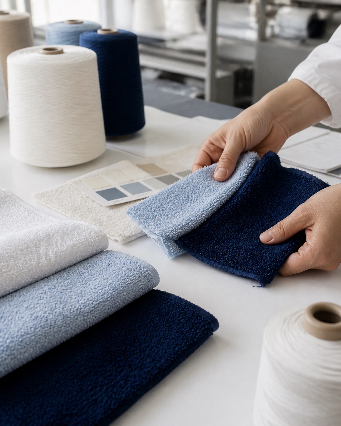 Cotton yarn and terry towel swatches being compared during product development