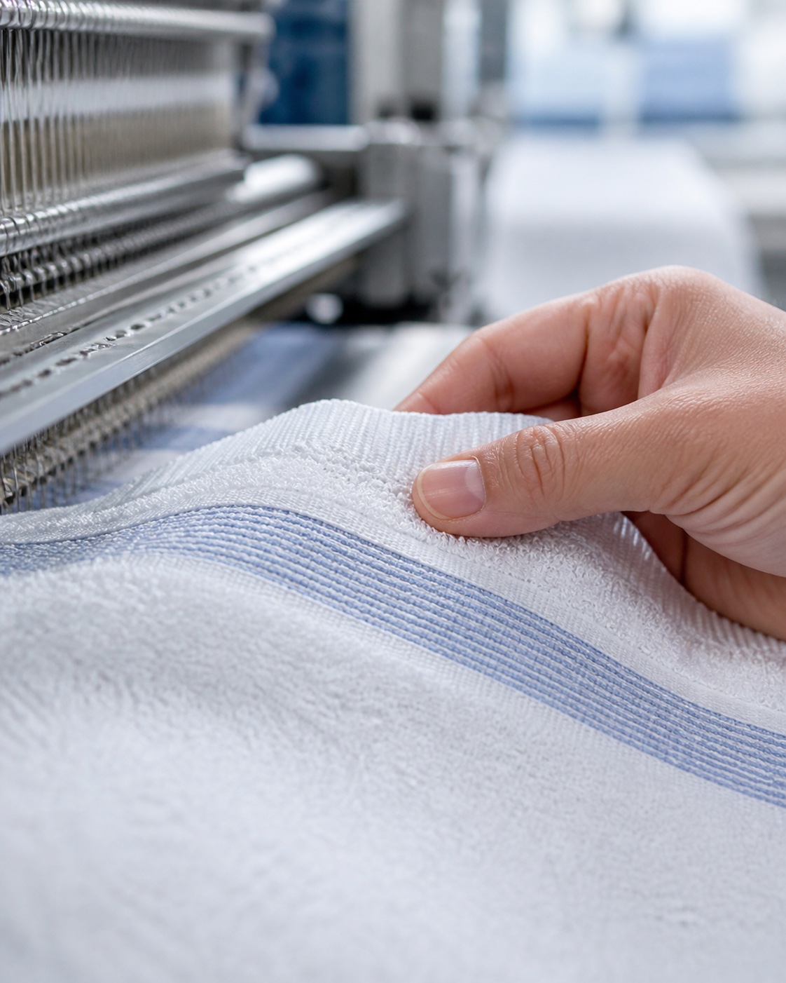 A white towel sample being inspected beside a weaving machine