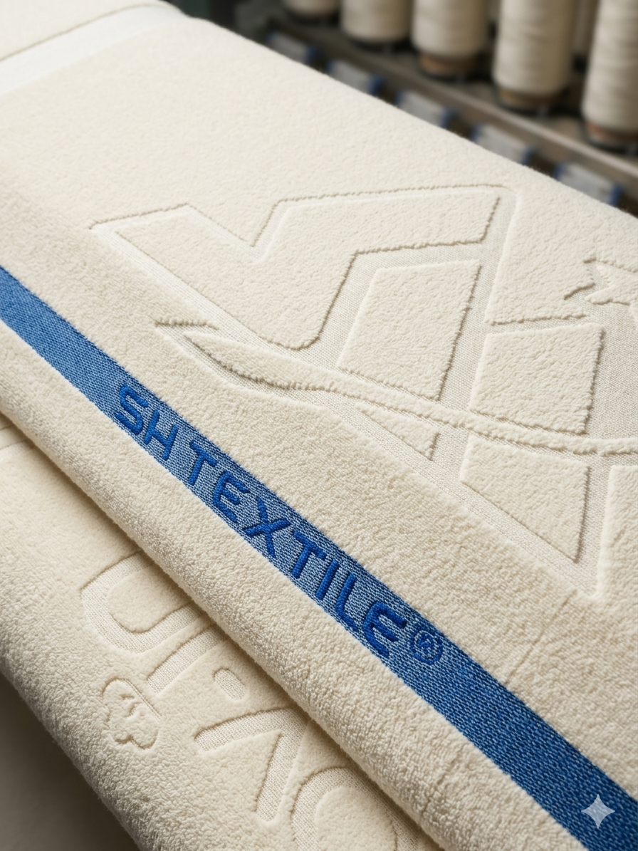 Close-up of a woven SH-Textile branded towel at the factory