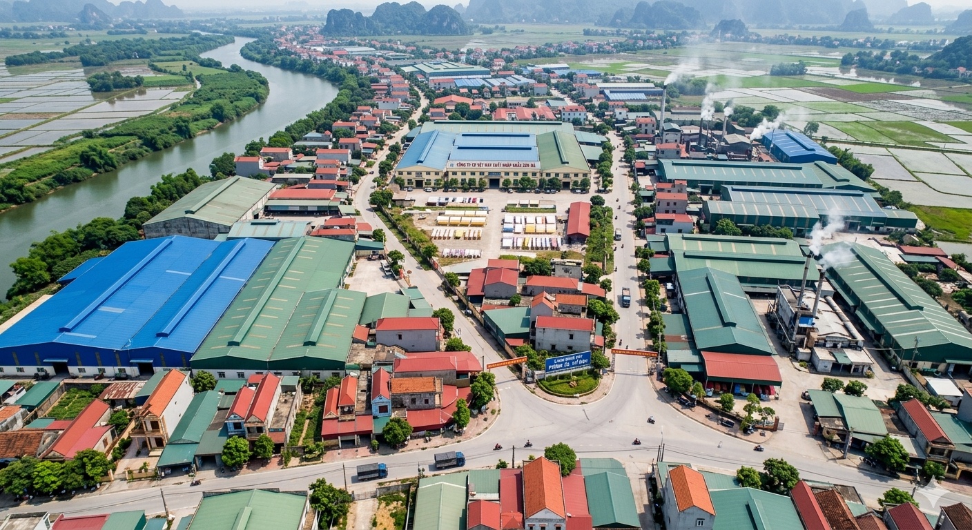 Aerial view of Phùng Xá with textile factories, homes, fields and waterways near Hanoi