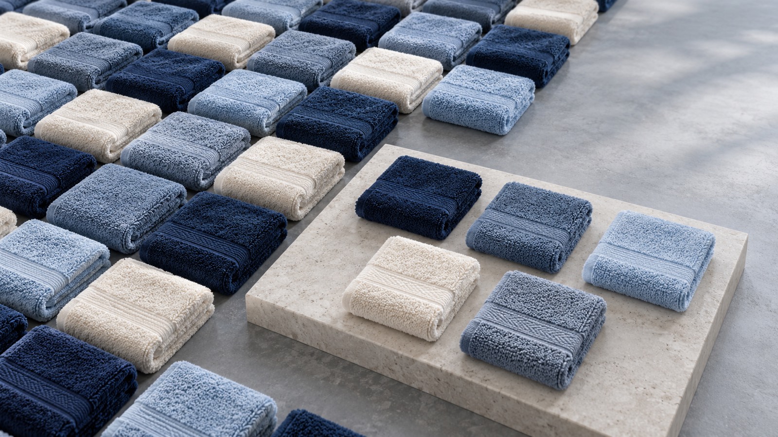 Selected blue and natural towel samples arranged apart from a larger ordered lot