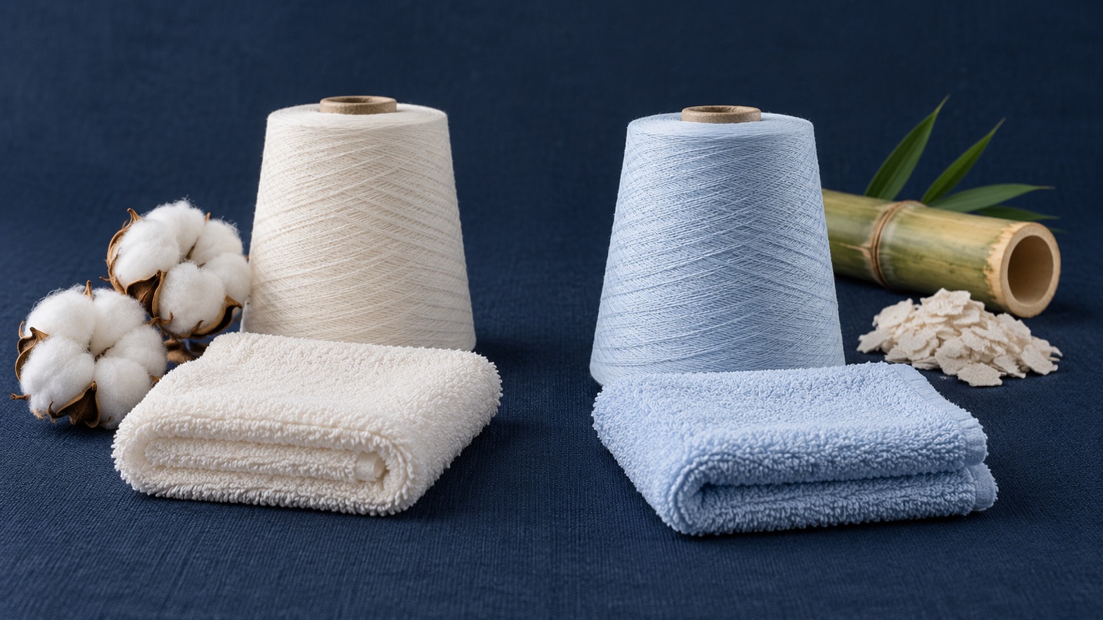 Cotton bolls, natural and blue yarn cones, folded terry swatches and a separate bamboo feedstock cue on a navy surface