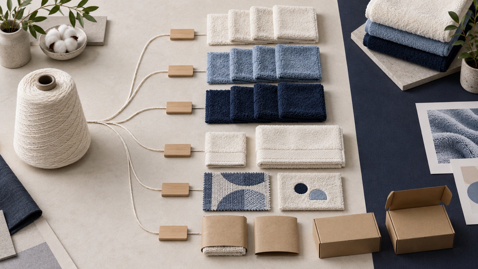 Natural cotton yarn branching into grouped white, pale blue and navy towel sizes, woven and embroidered swatches, kraft sleeves and plain cartons