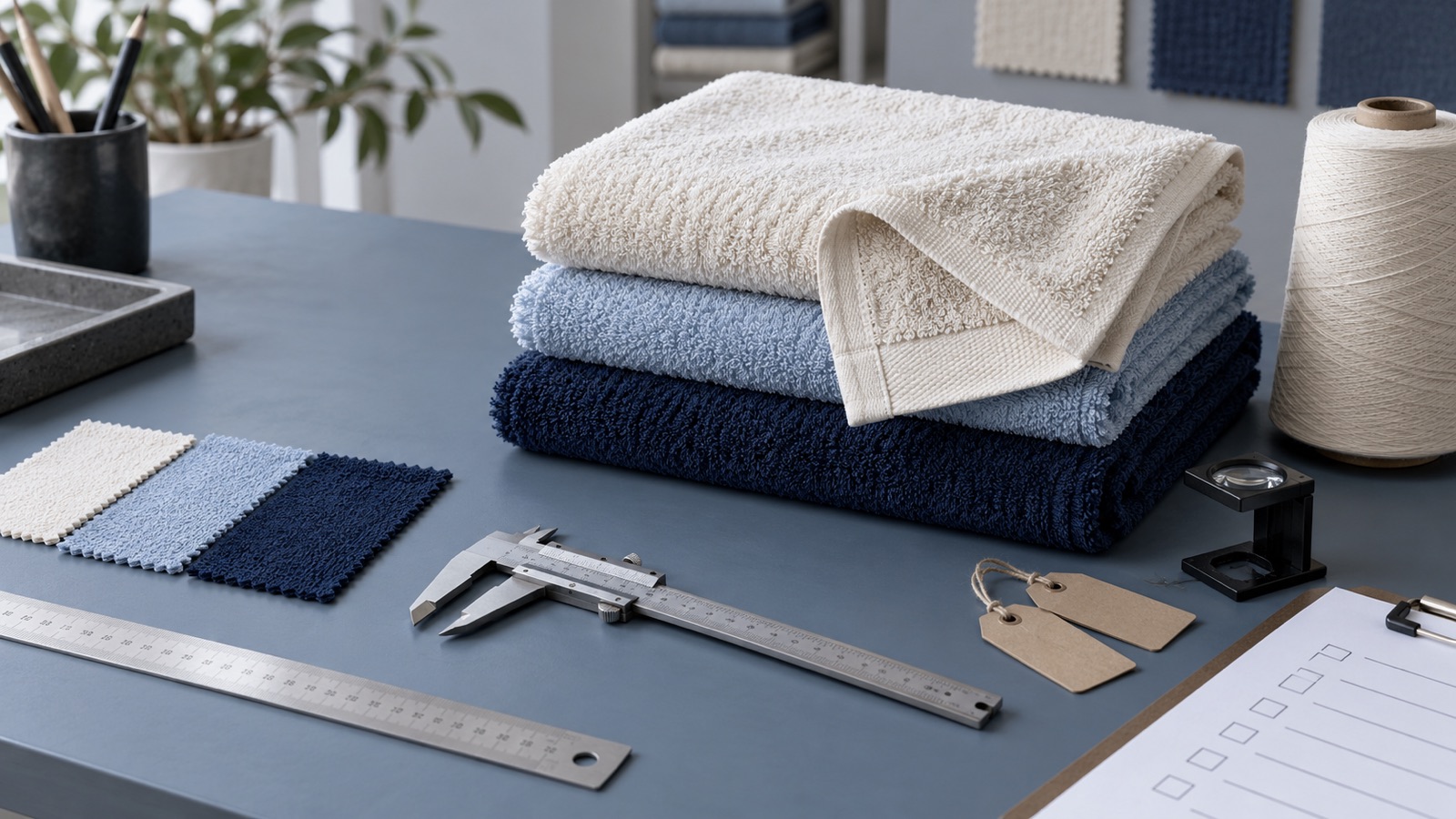 Blue and natural cotton towel samples arranged with yarn, callipers, a ruler, a magnifying loupe, blank tags and an unmarked checklist