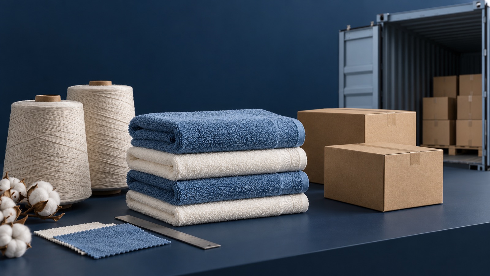 Folded blue and natural towels progressing between yarn cones, an inspection table, cartons and a generic shipping container