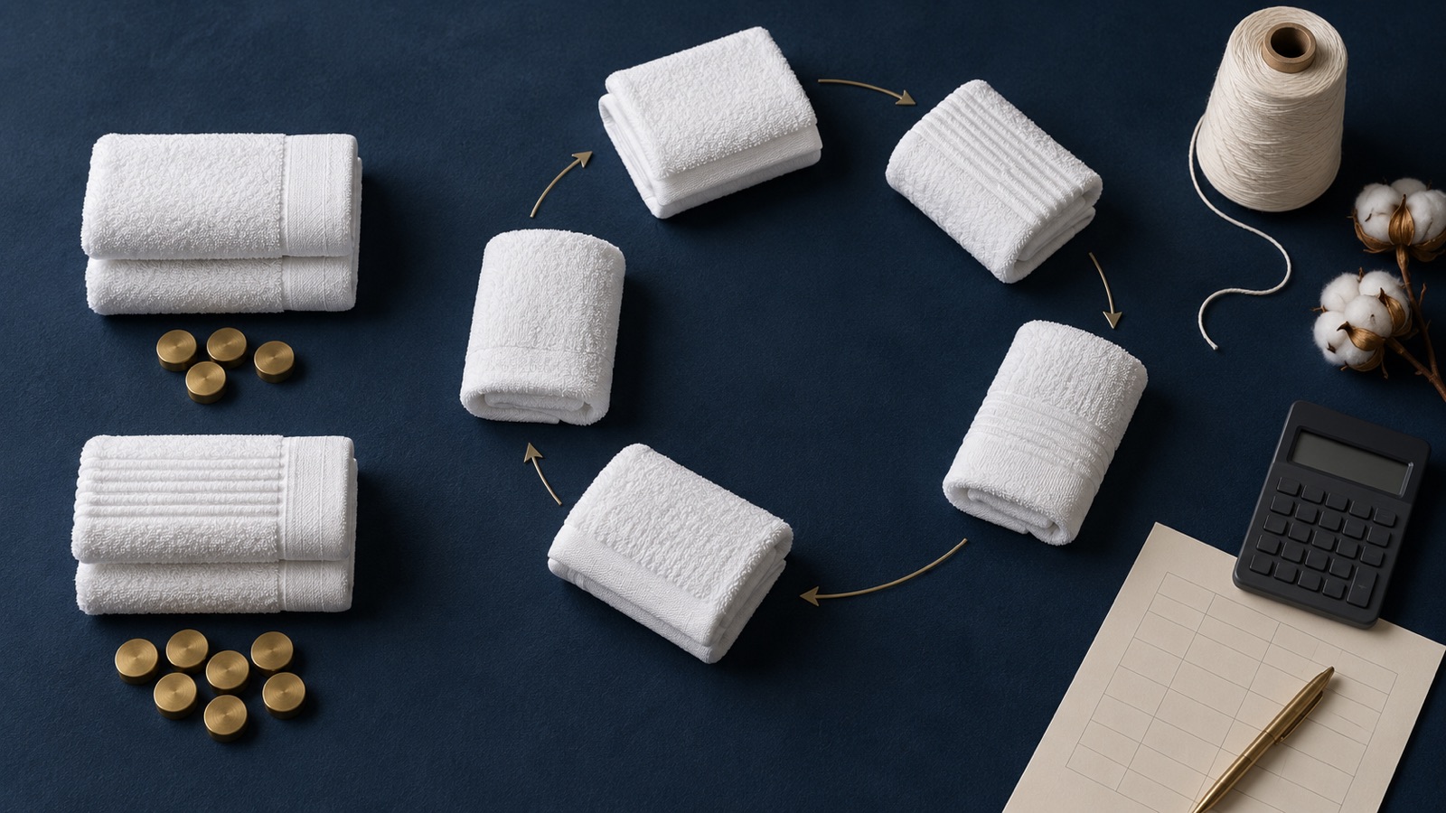 White hospitality towels arranged in a circular sequence with plain brass counters, cotton yarn, a blank calculator and an unmarked cost worksheet on a navy surface