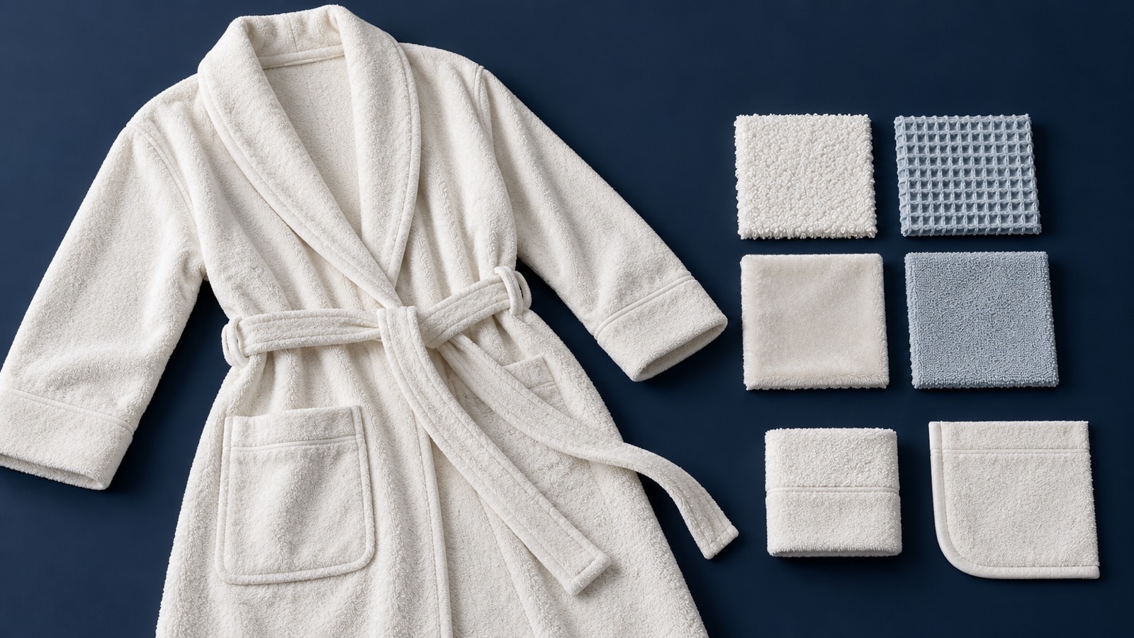 Hotel bathrobe arranged with terry, waffle and velour fabric studies plus belt, loop, cuff and pocket details