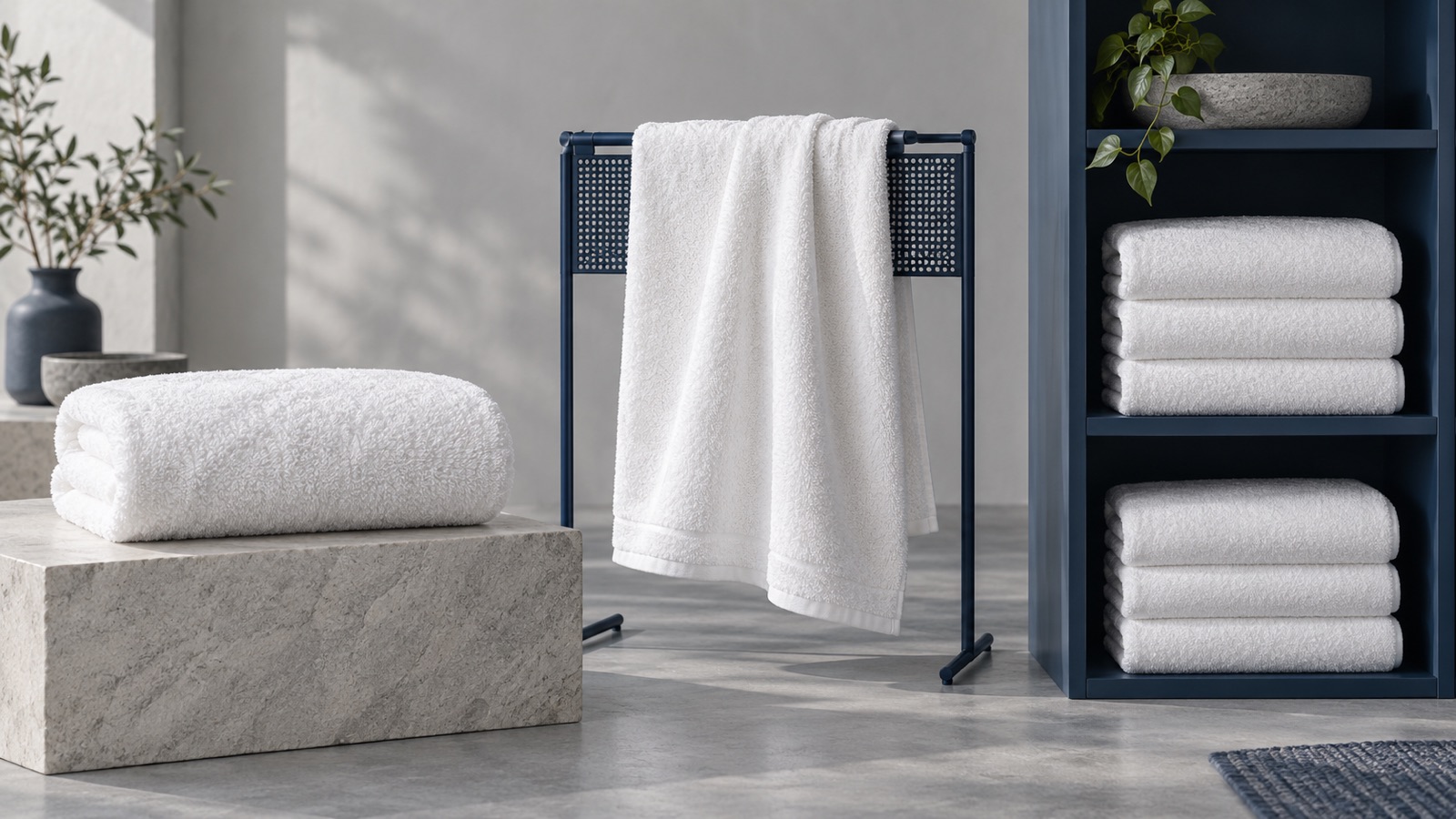 White hotel towels presented as a plush fold, an airy drape and orderly stacks in a navy shelf