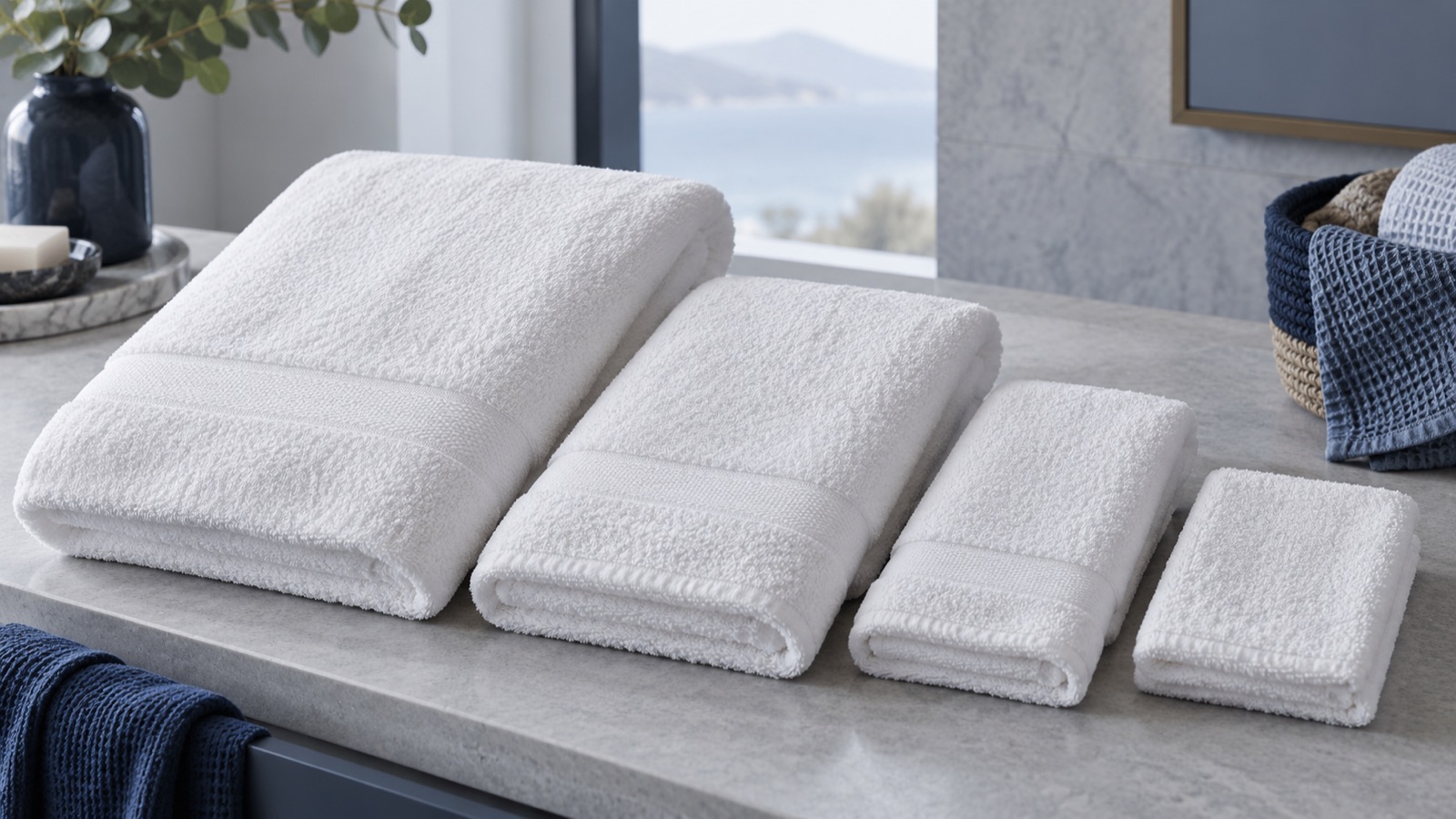 Four white hotel towels in graduated sizes arranged as a coordinated set on a stone counter