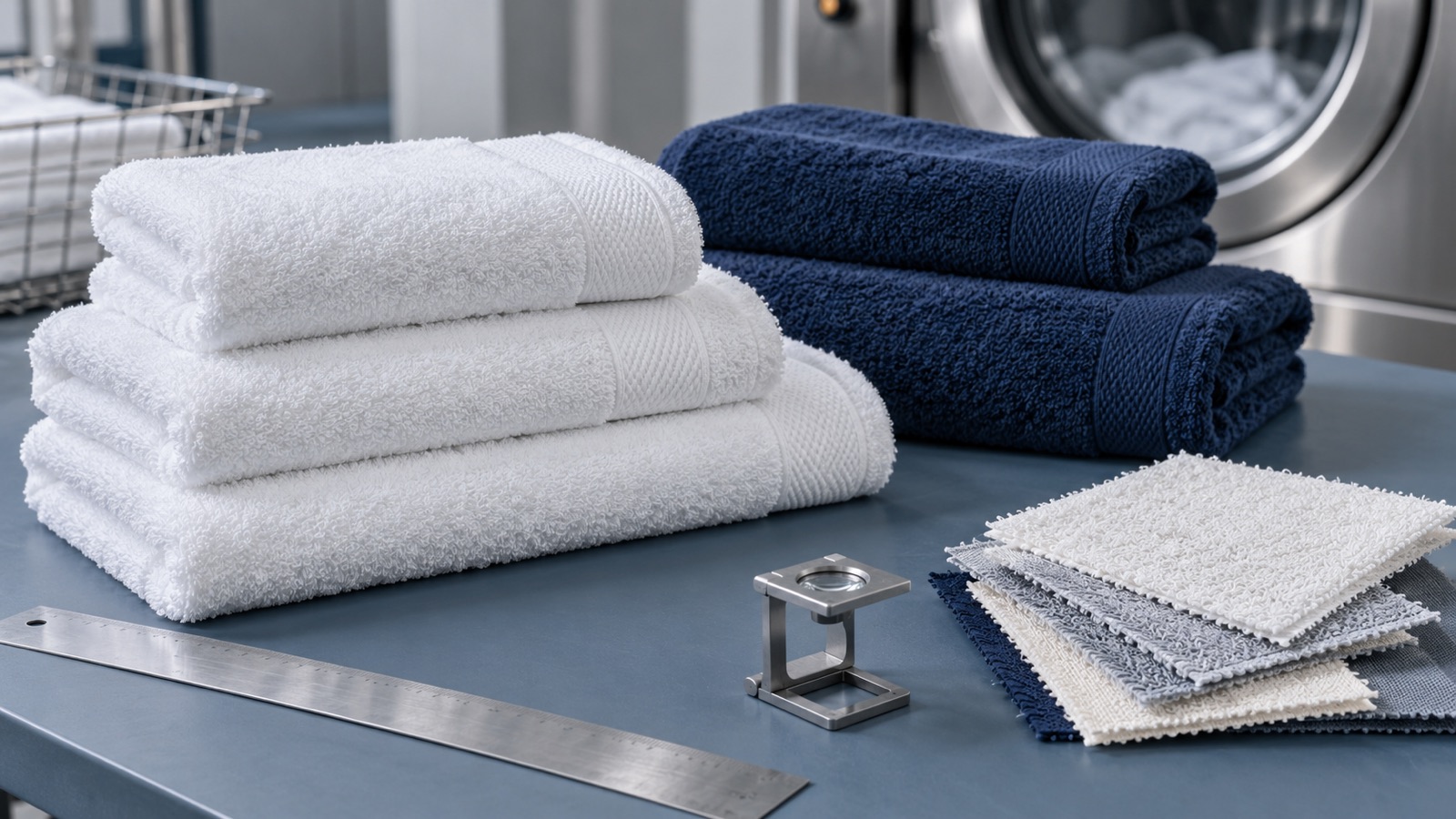 White and navy terry towels with fabric swatches and inspection tools beside commercial laundry equipment