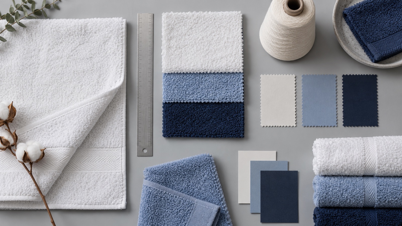 Overhead arrangement of white, pale blue and navy towel swatches with a metal ruler, yarn cone and colour samples