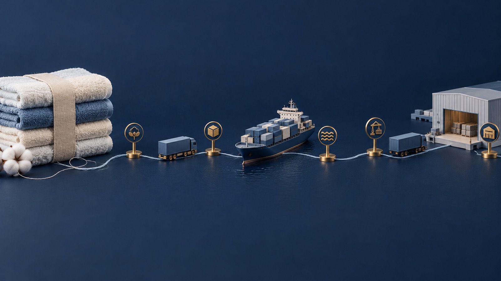 Stylised towel shipment route connecting a textile parcel, freight container, cargo vessel and destination warehouse