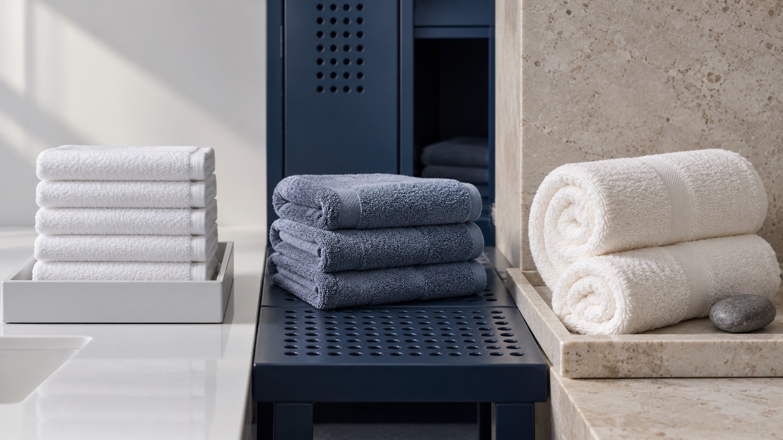 White tray-stacked towels, compact blue-grey gym towels and rolled spa towels shown in three settings
