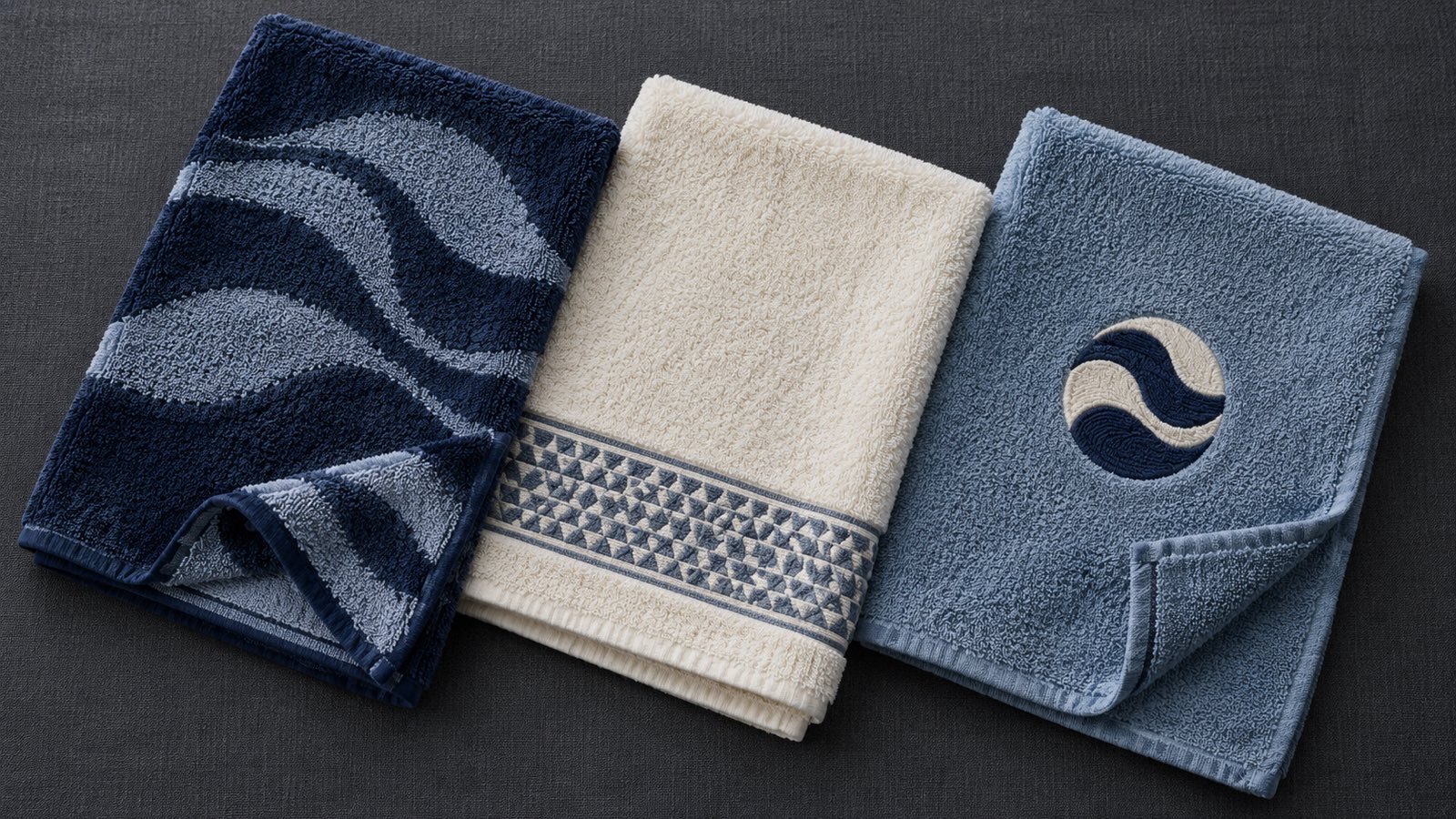 Three unbranded blue towel samples with a woven motif, geometric border and embroidered emblem