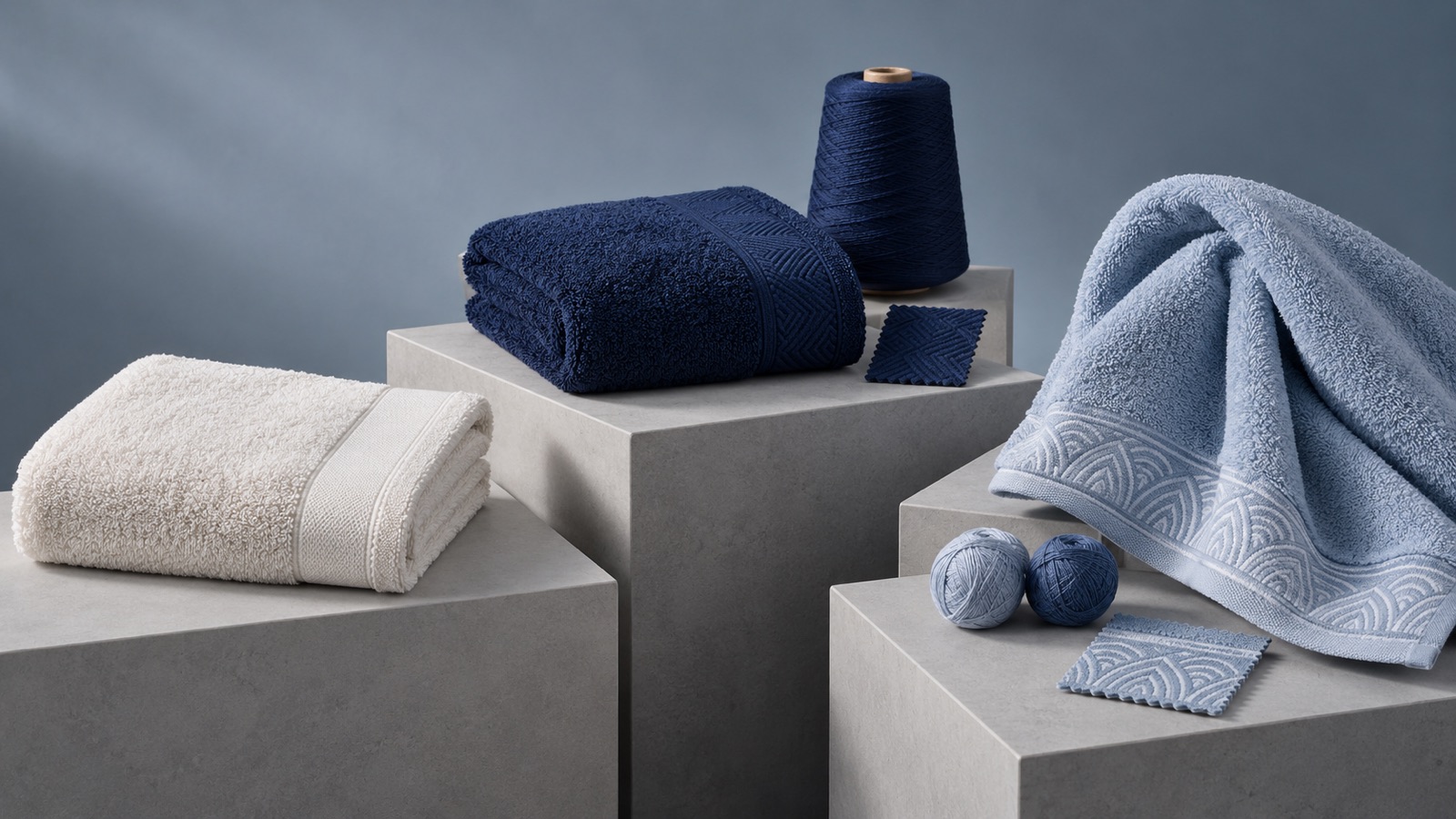 Three coordinated towel concepts showing a plain baseline option, a specified navy design and a custom woven-border design
