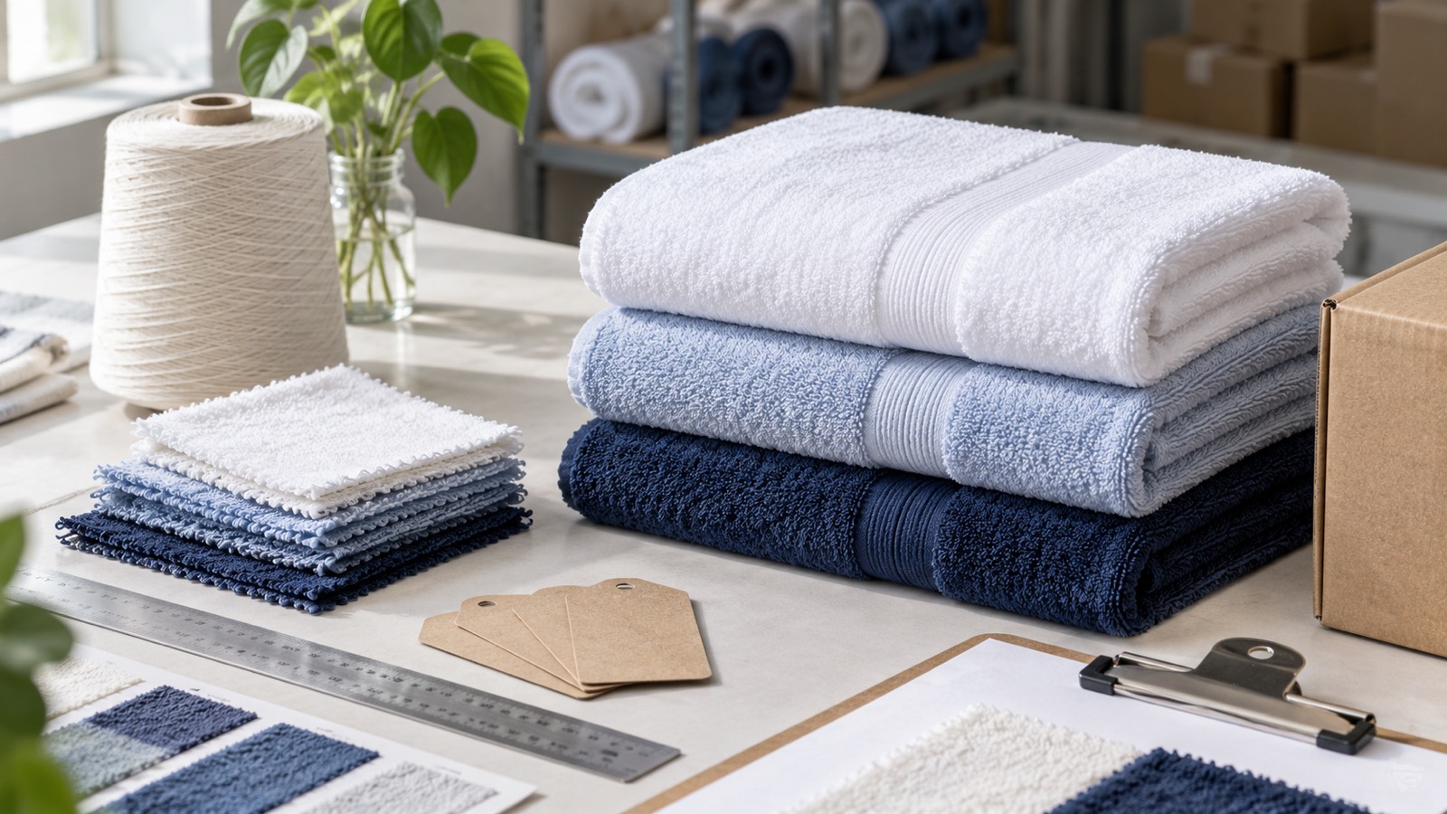 Blue and white terry towels, fabric swatches, cotton yarn, a ruler and plain kraft tags arranged on a sourcing table