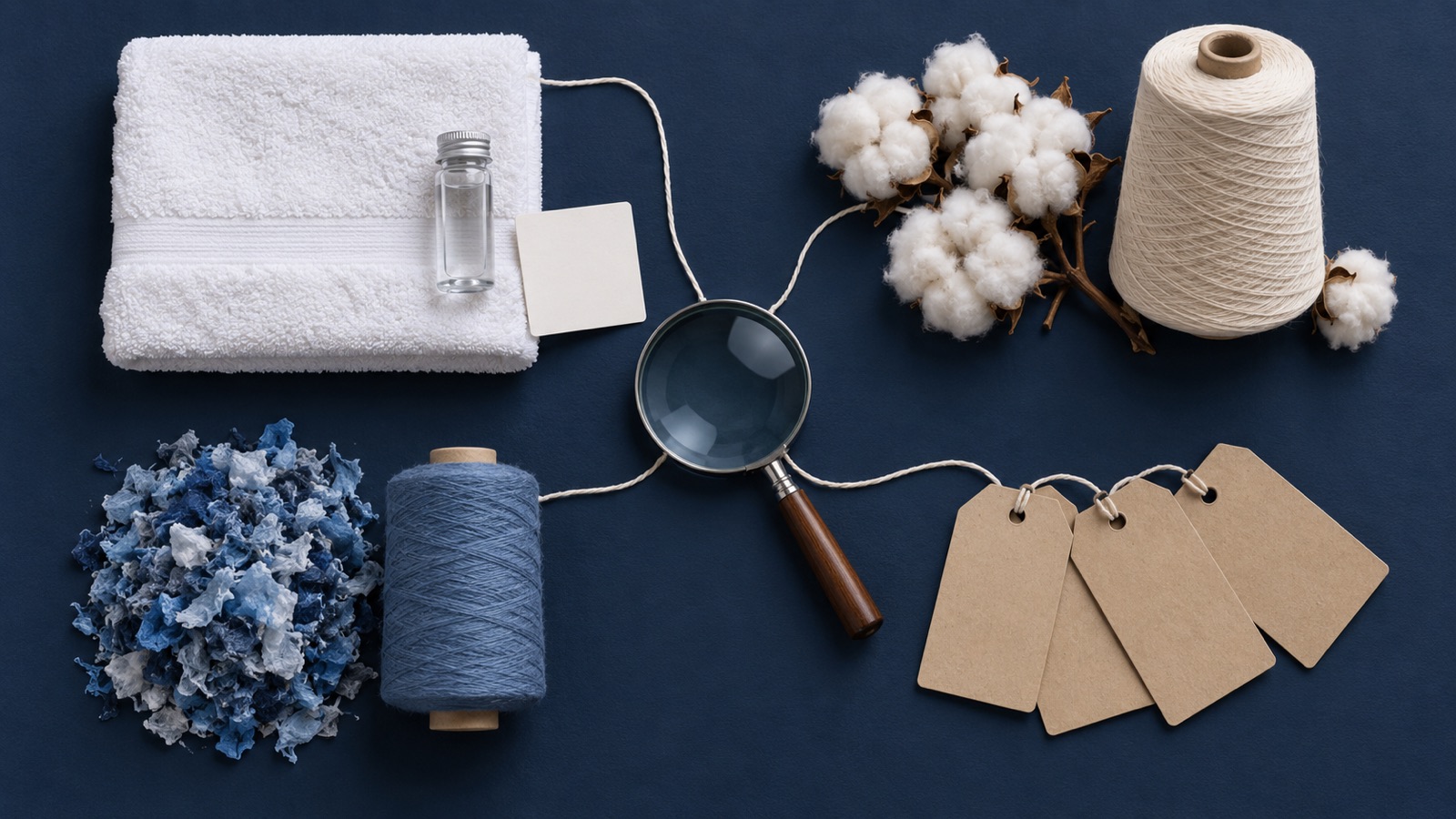 Four unbranded textile evidence paths represented by a towel, cotton, recycled fibre and linked traceability cards on a navy surface