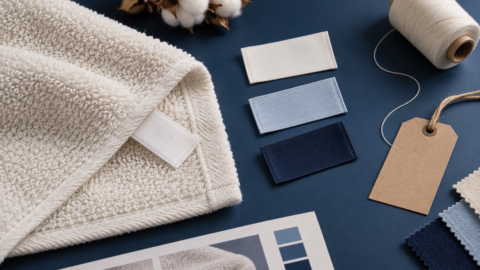 Blank woven label samples beside the labelled edge of an unbranded cotton terry towel