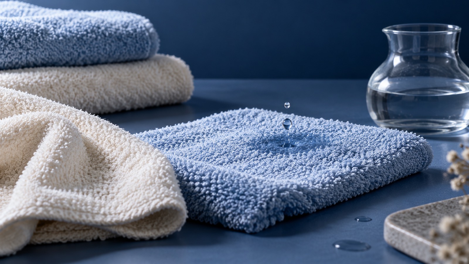 Blue and natural cotton terry towels with a water droplet and a clear glass vessel