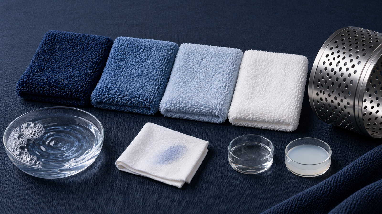 Blue and white terry swatches with separate water, rubbing cloth, liquid dishes and perforated laundry-drum cues on navy fabric