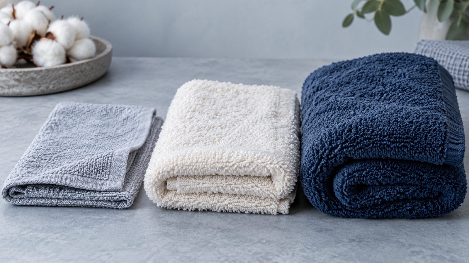 Three folded cotton terry towels with visibly different pile density and loft