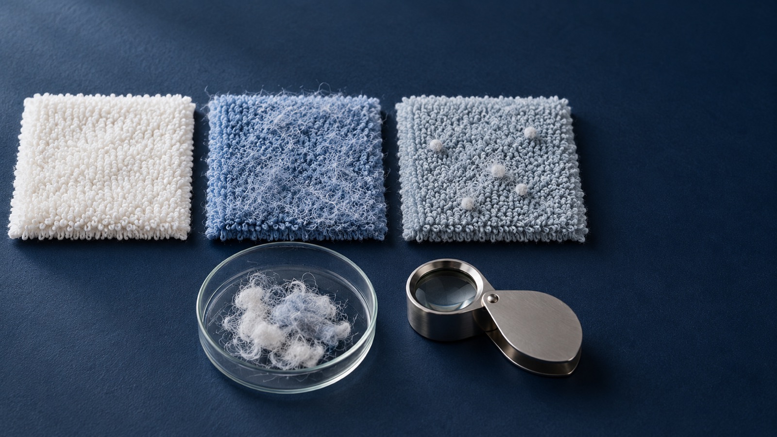 Three terry swatches showing clean pile, surface fuzz and pills beside separately collected loose fibres