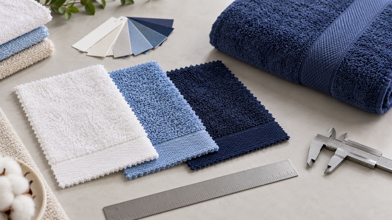 Blue and white terry towel samples arranged with a ruler, callipers and colour swatches on an inspection table