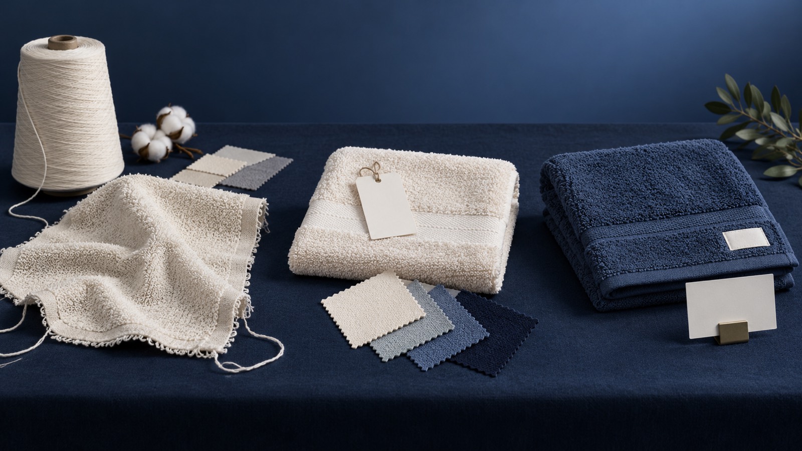 Three towel sample stages progressing from an unfinished terry swatch to presentation and finished approval samples