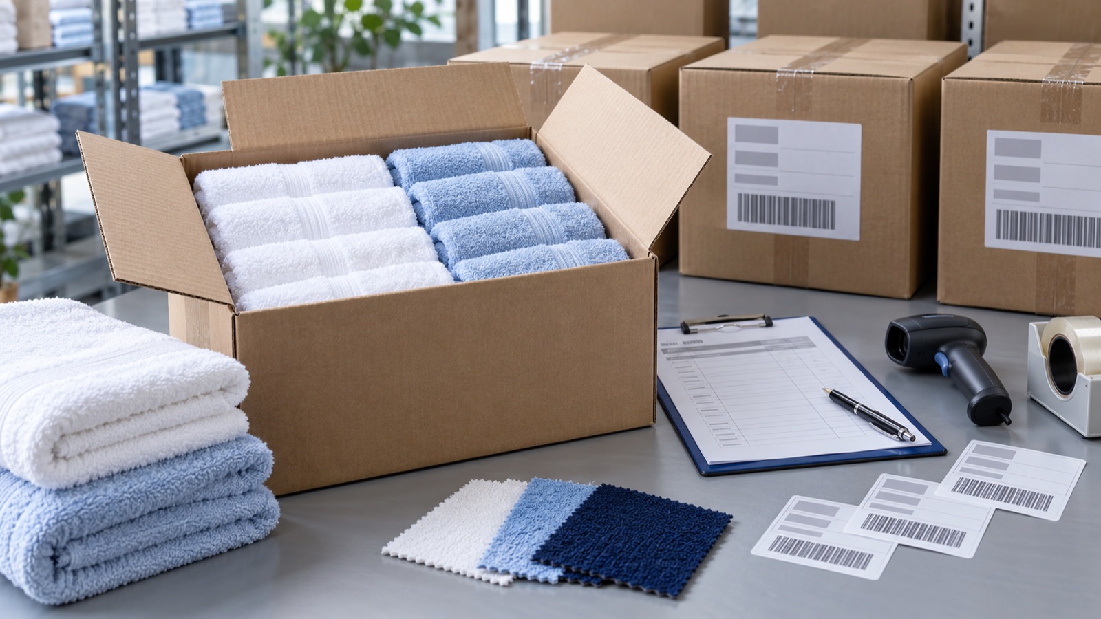 Folded white and blue towels beside marked export cartons, a packing list and barcode scanner