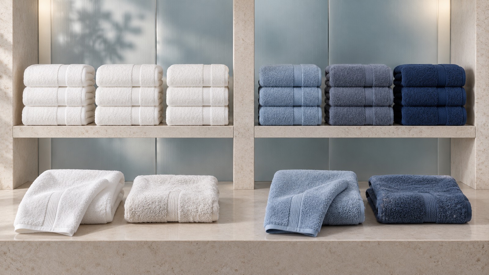 Mirrored stacks of white and muted blue hotel towels arranged on a divided hospitality shelf