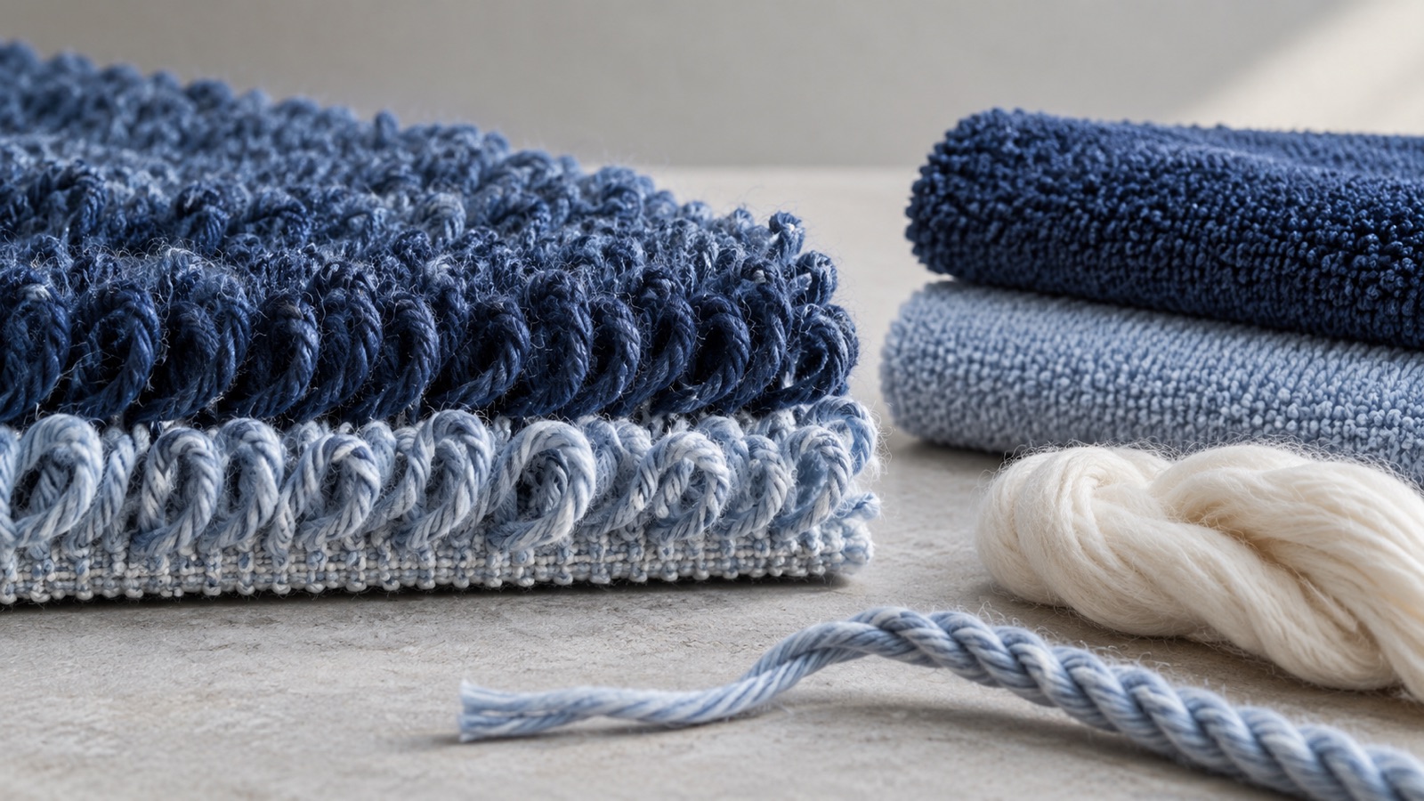 Macro view of blue and natural cotton terry loops beside loose yarn and folded towel samples
