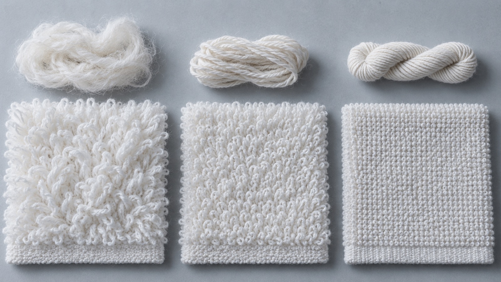 Three white terry swatches and matching yarn bundles arranged from open to compact construction