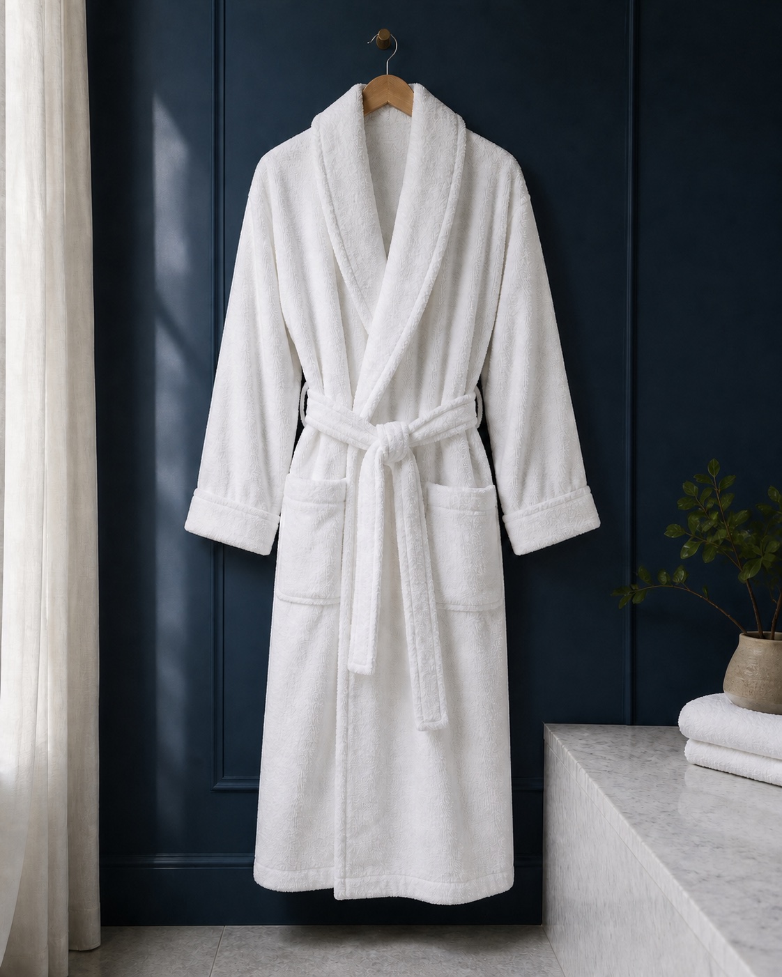 Unbranded white terry bath robe hanging against a dark navy wall