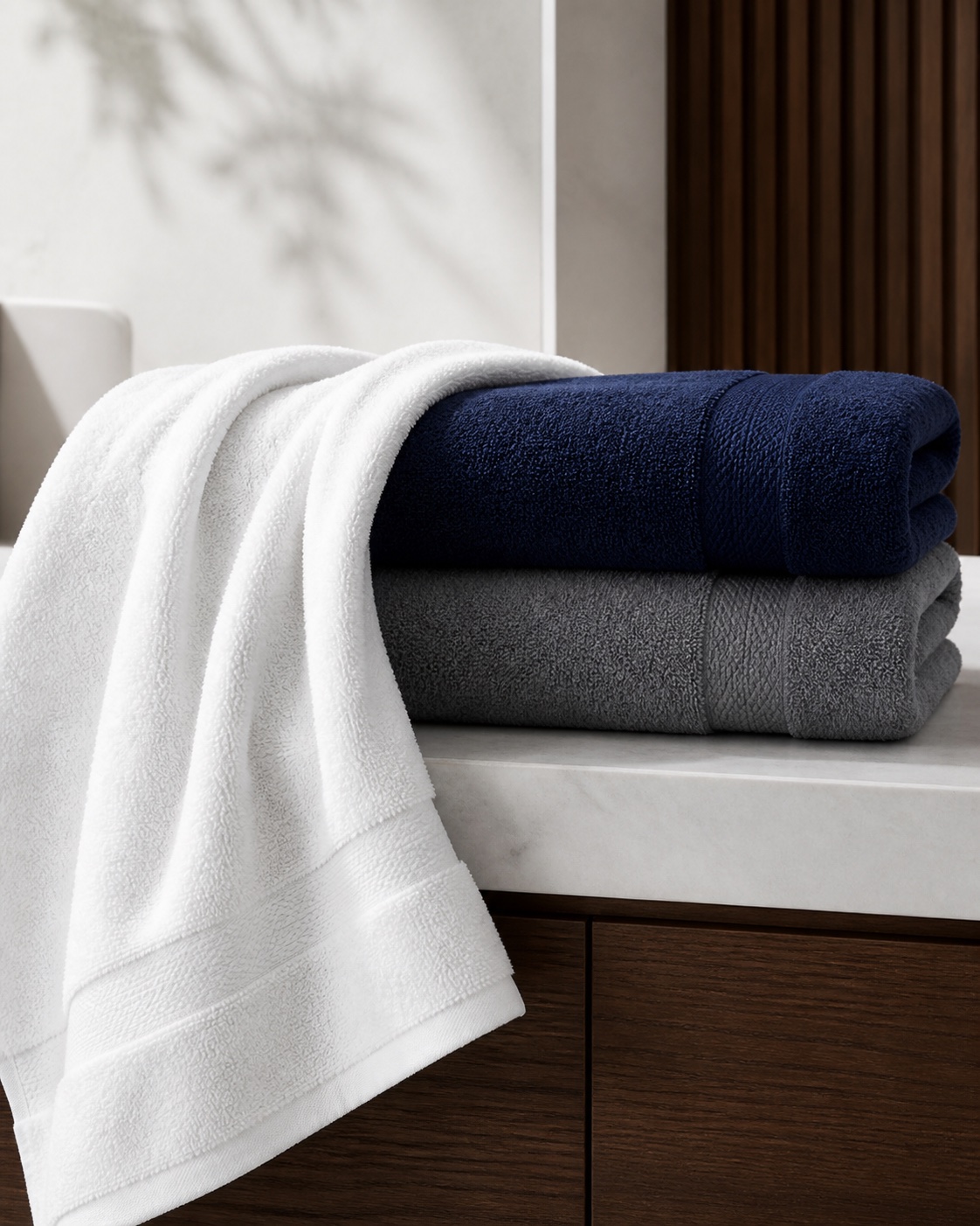 Premium white, dark navy and grey bath towels arranged in a modern bathroom