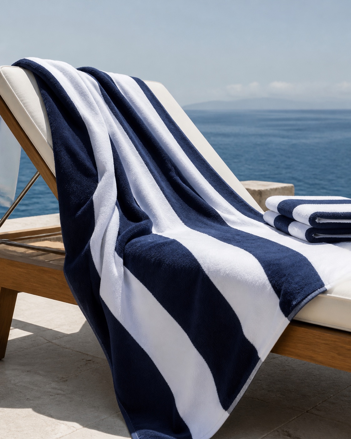 Dark navy and white striped beach towel draped over a sun lounger by the sea