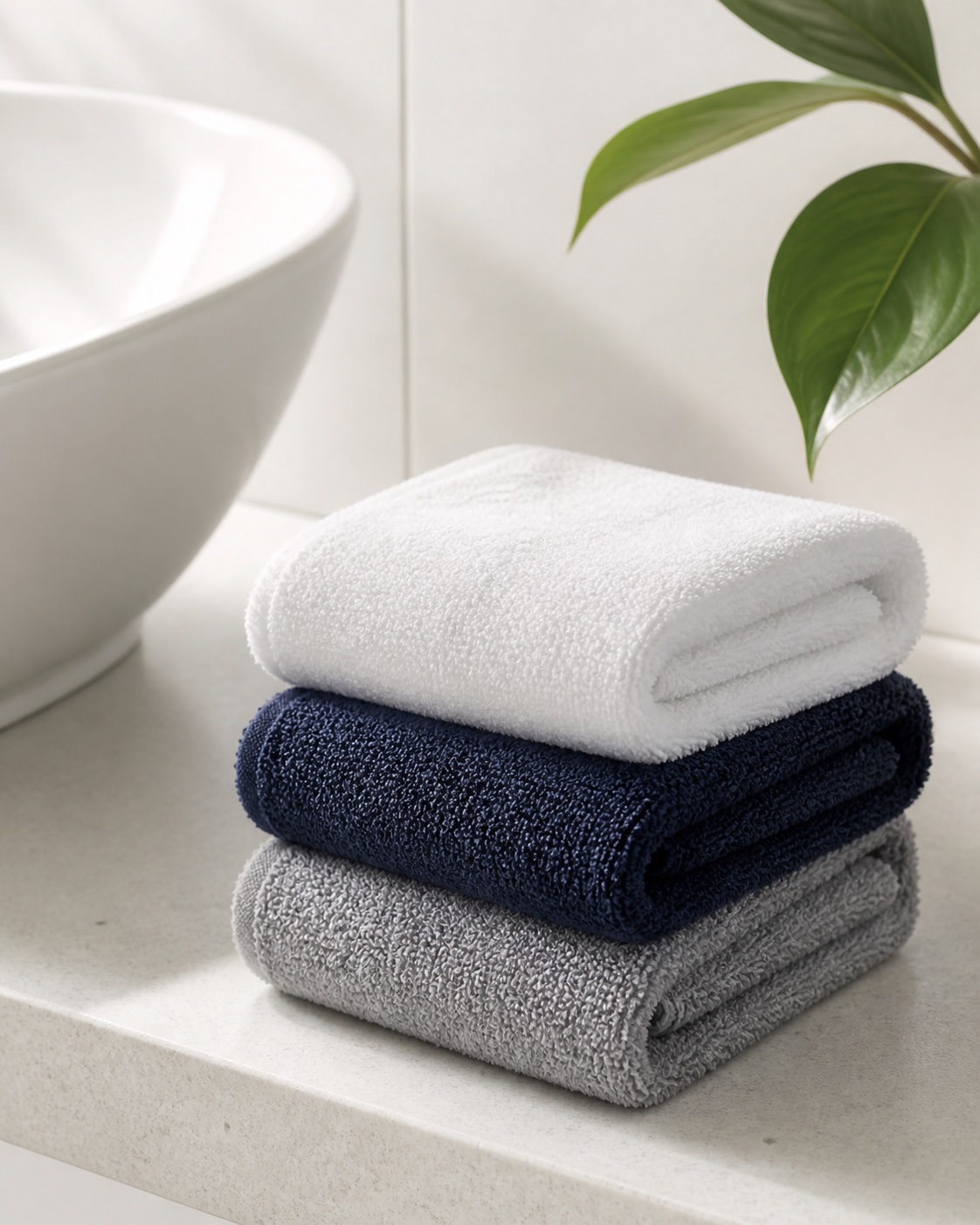Small white, dark navy and grey face towels folded beside a ceramic basin